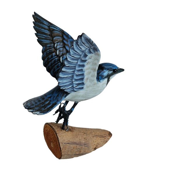 Handcrafted Blue Jay Bird Figurine On Wooden Base - Picture 5 of 12